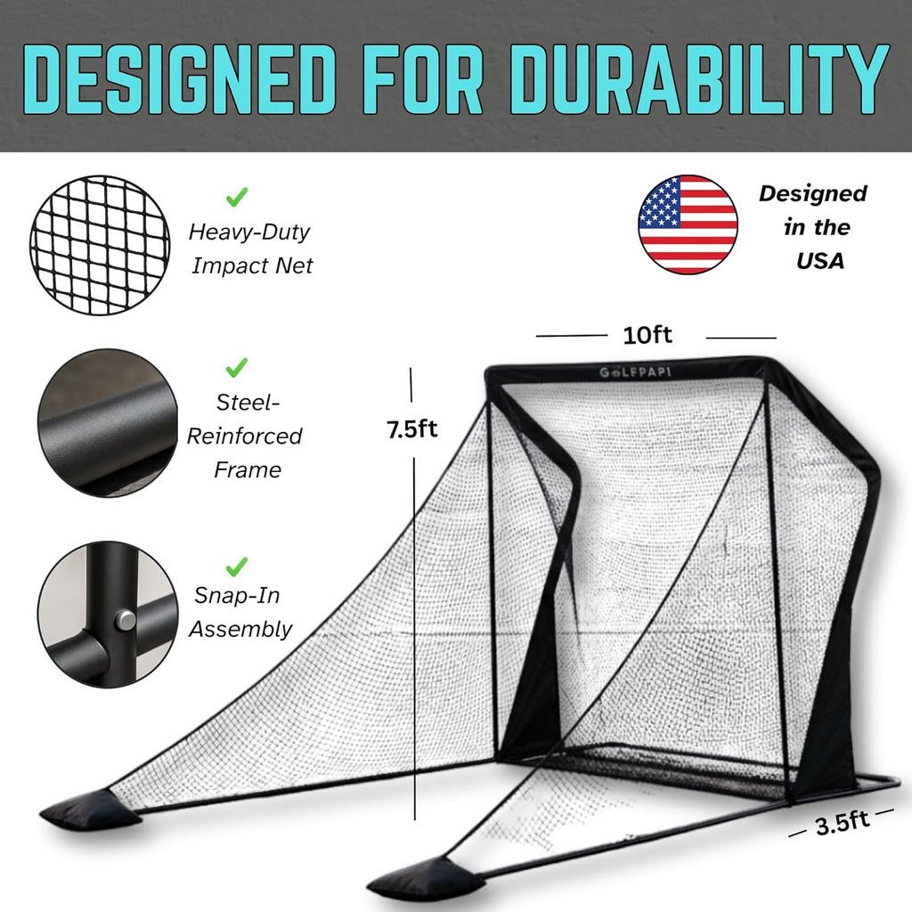 Pro Practice Net – 10 ft Compact Golf Hitting Net with Steel Frame and Side Shank Protection – Indoor & Outdoor Golf Training Net for Backyard, Garage, or Simulator Use